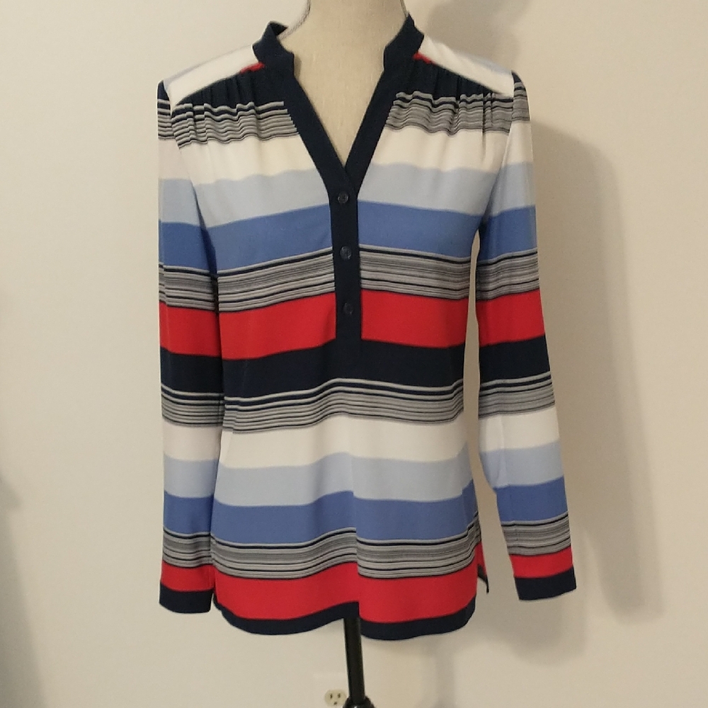 Brooks Brothers White and Blue Long Sleeve Buttoned Blouse Size 2